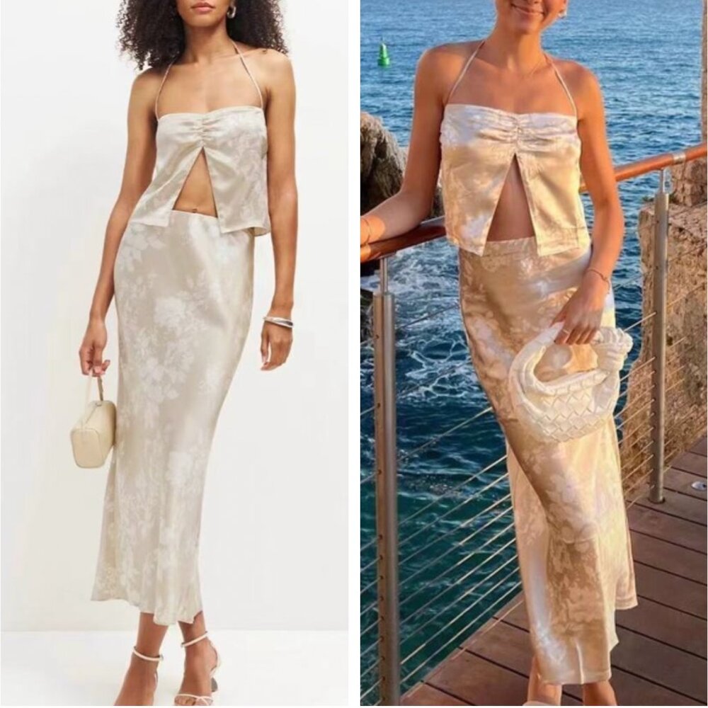 Reformation Cream Satin Midi Dress with Subtle Floral Jacquard